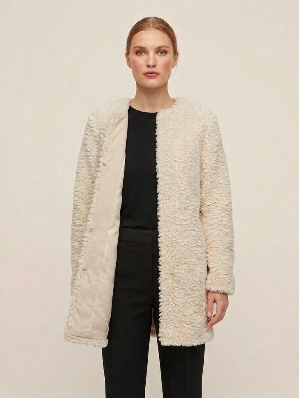 H&M Cream Sherpa Teddy Car Coat Hook Eye Closure Small Cozy Neutral Minimalist